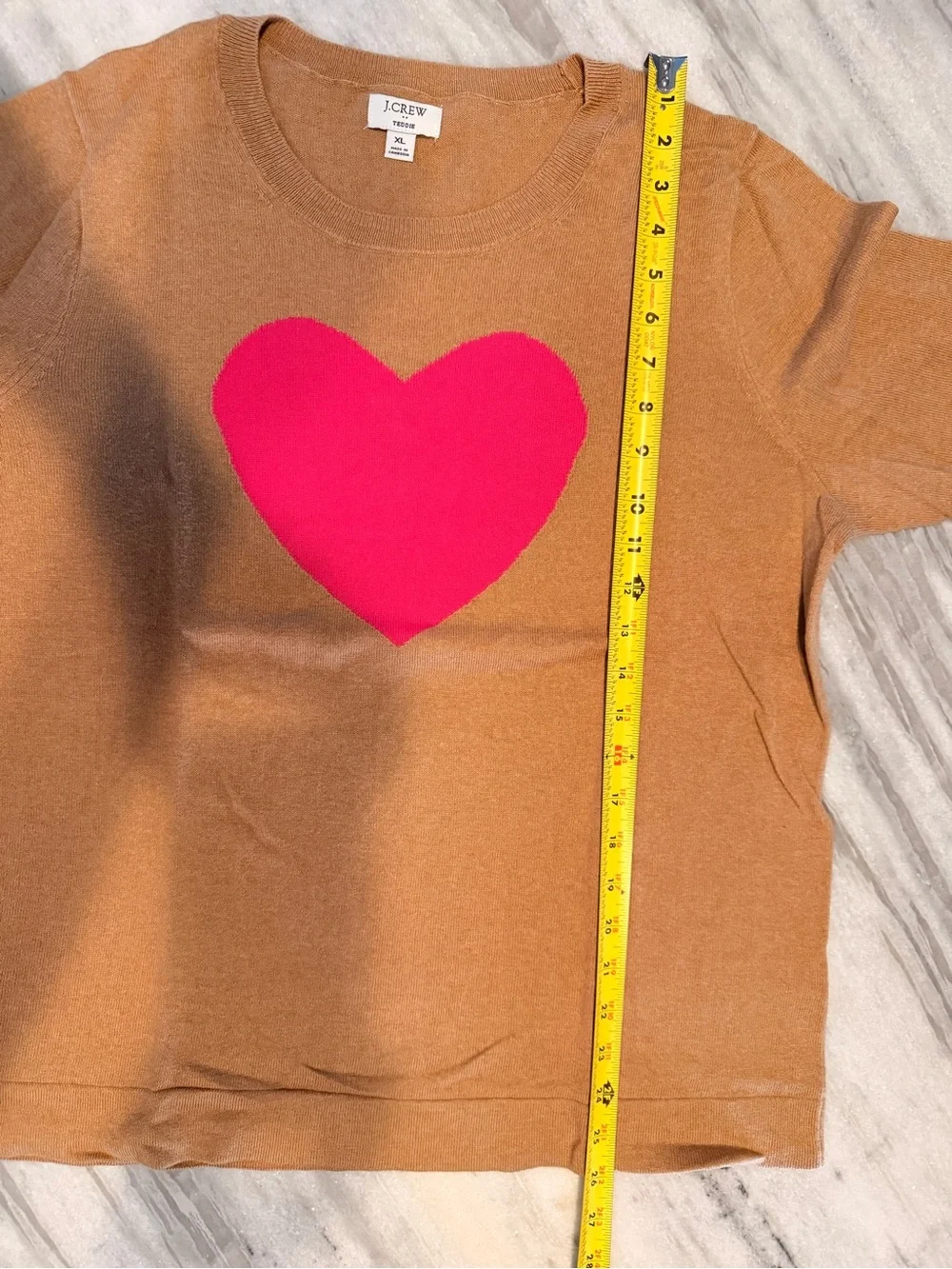 J. Crew Teddie Crewneck Sweater in Camel with Pink Heart